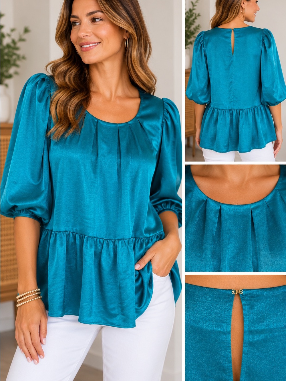 Lilly Pulitzer Teal Satin Puff Sleeve Peplum Blouse Size 14